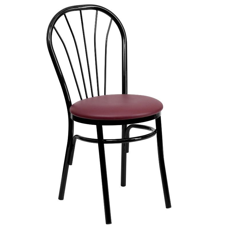 Burgundy Vinyl and Black Steel Fan Back Side Chair