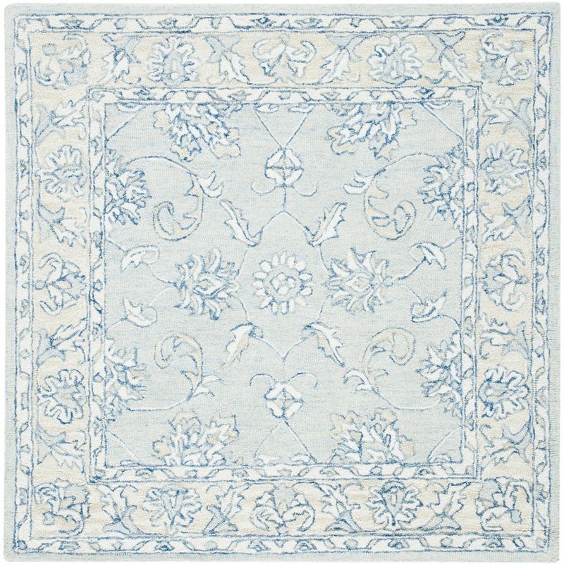 Handmade Blue and Beige Wool Square Area Rug, 5' x 5'