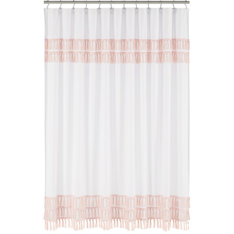 Boho White and Pink Cotton Shower Curtain with Fringe