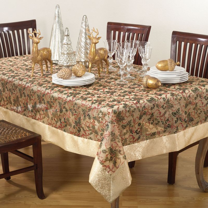 Festive Holly Design Sheer Christmas Tablecloth with Gold Satin Border