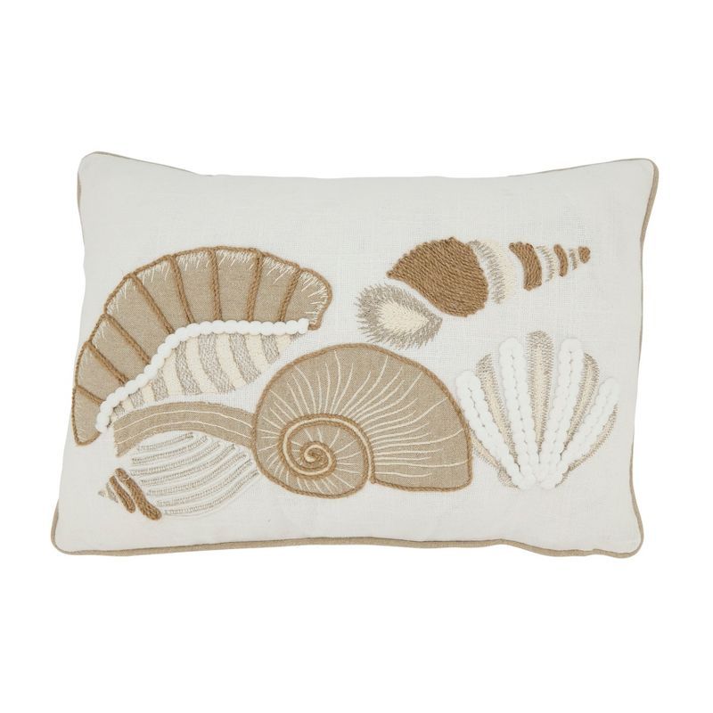 Off-White Seashell Embroidered Cotton Throw Pillow, 12"x18"