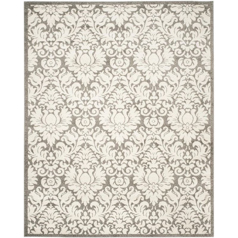 Gray and Cream Damask Synthetic 9' x 12' Area Rug