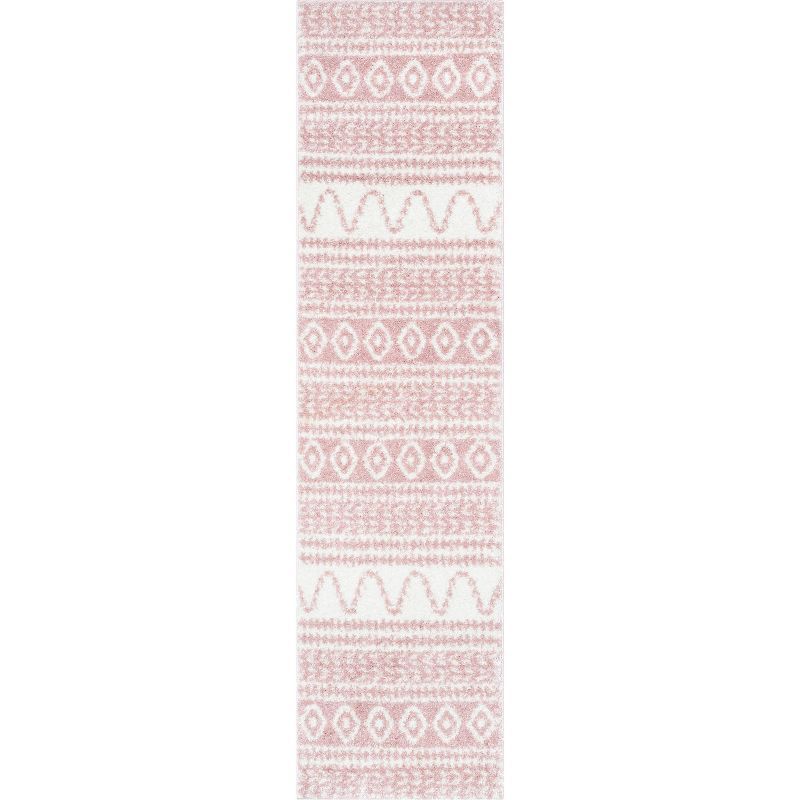 Pink and White Synthetic Shag Runner Rug 2'7" x 9'10"