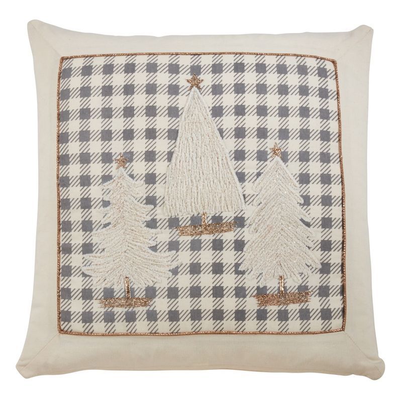 Gray Plaid Christmas Trees 18" Cotton Throw Pillow