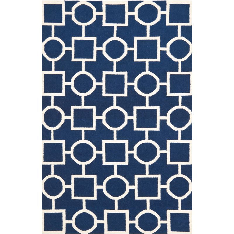 Ivory and Navy Geometric Wool Flat Woven Rug, 8' x 10'