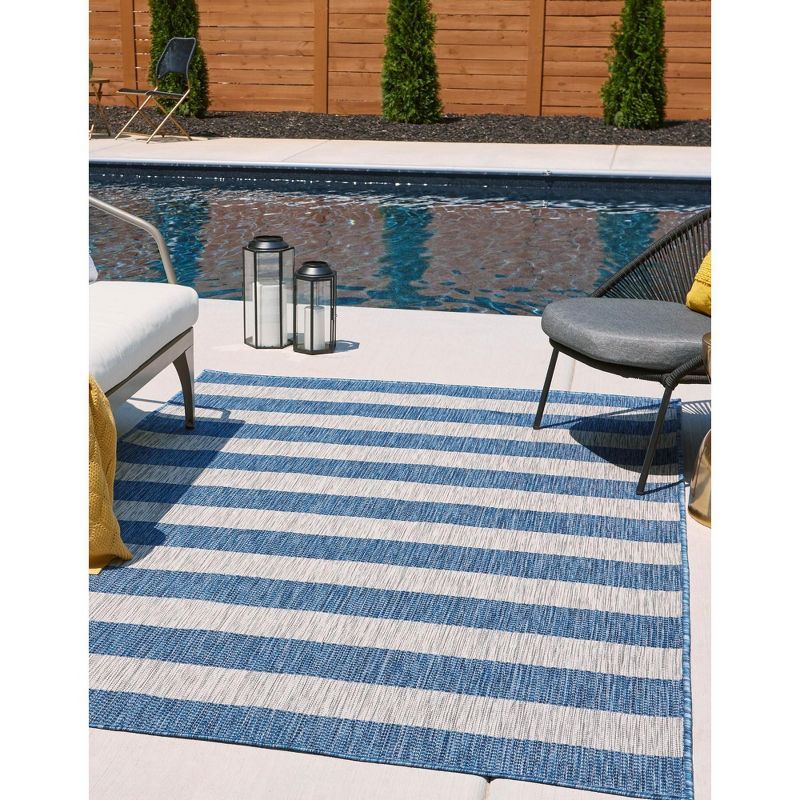 Blue and White Striped Outdoor Synthetic Rug, 9' x 12'