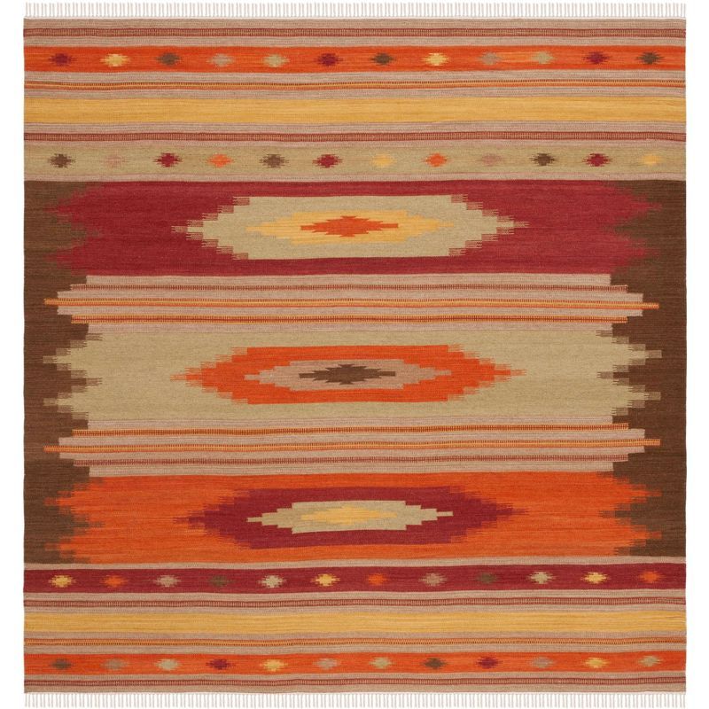 Handmade Red and Beige Geometric Wool Square Area Rug
