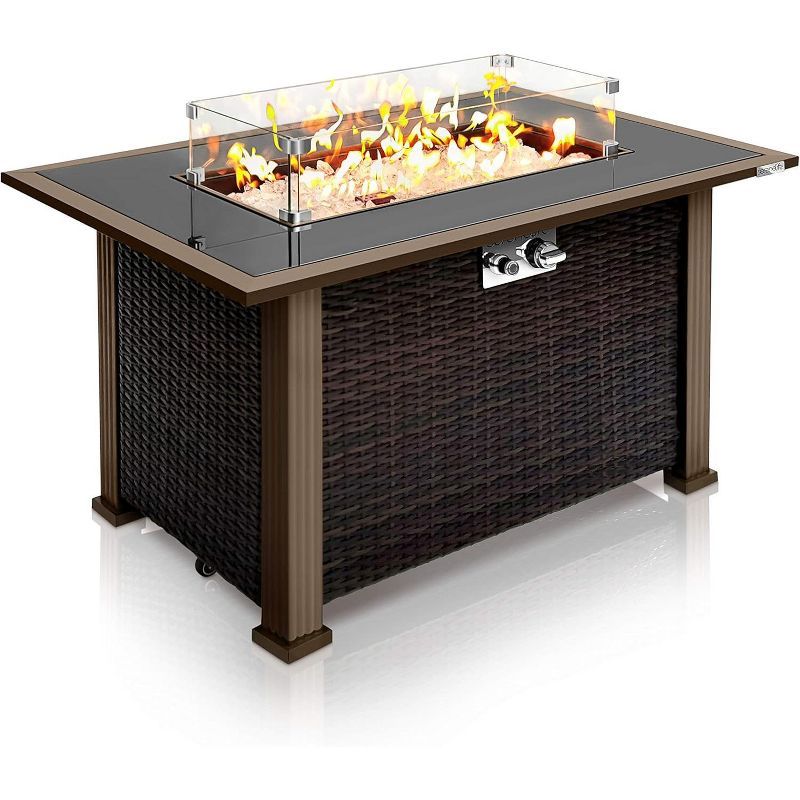 Black Tempered Glass and Rattan Gas Fire Pit Table