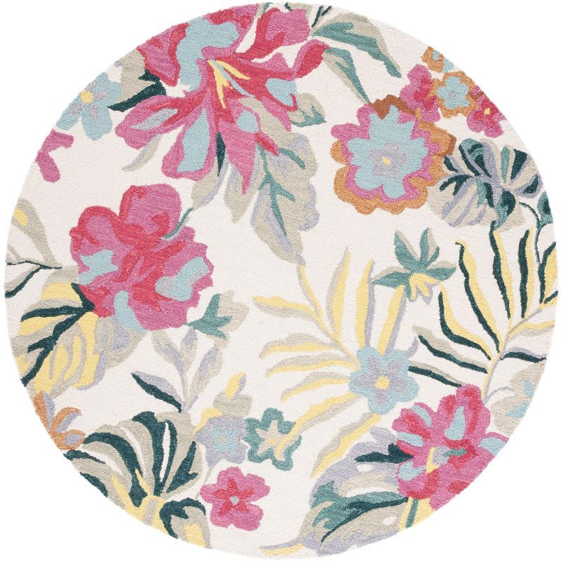 Ivory and Pink Floral Hand-Tufted Wool Round Rug, 6'