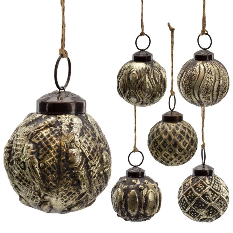 Antique Gold Distressed Glass Ball Ornaments Set of 6