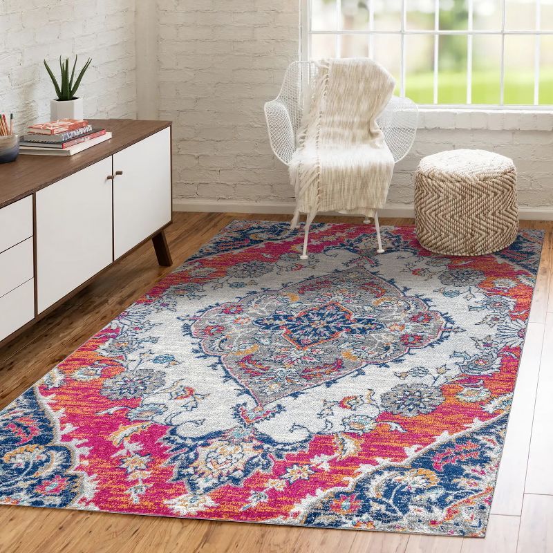 Bohemian Medallion 3' x 5' Blue and Coral Easy-Care Area Rug