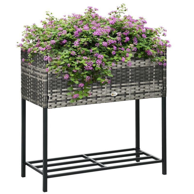 Gray Elevated Rattan Wicker Garden Bed with Metal Frame