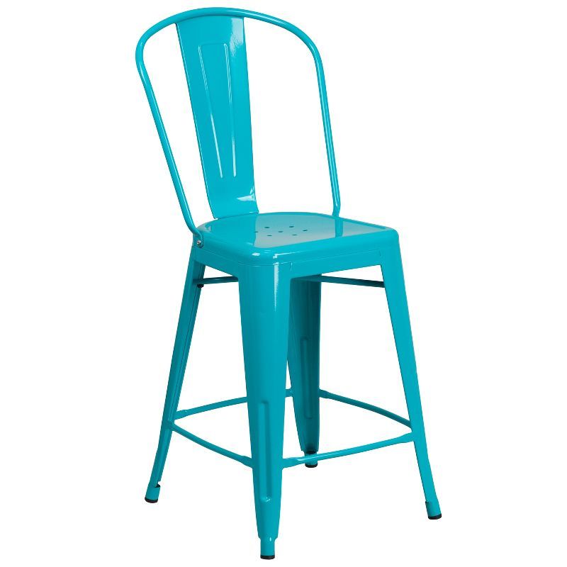 Teal-Blue Metal Indoor-Outdoor Counter Stool with Ergonomic Back