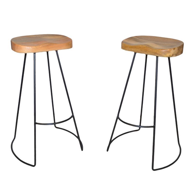 Saddle-Style Natural Mango Wood and Black Metal 30" Barstool Set