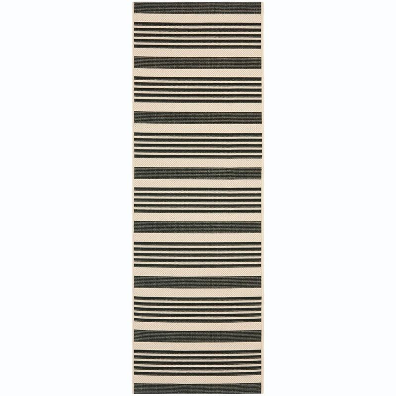 Black and Bone Striped Synthetic Outdoor Runner Rug