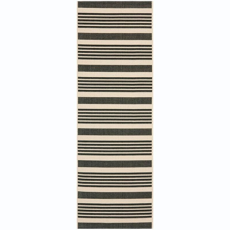 Black and Bone Striped Synthetic Outdoor Runner Rug