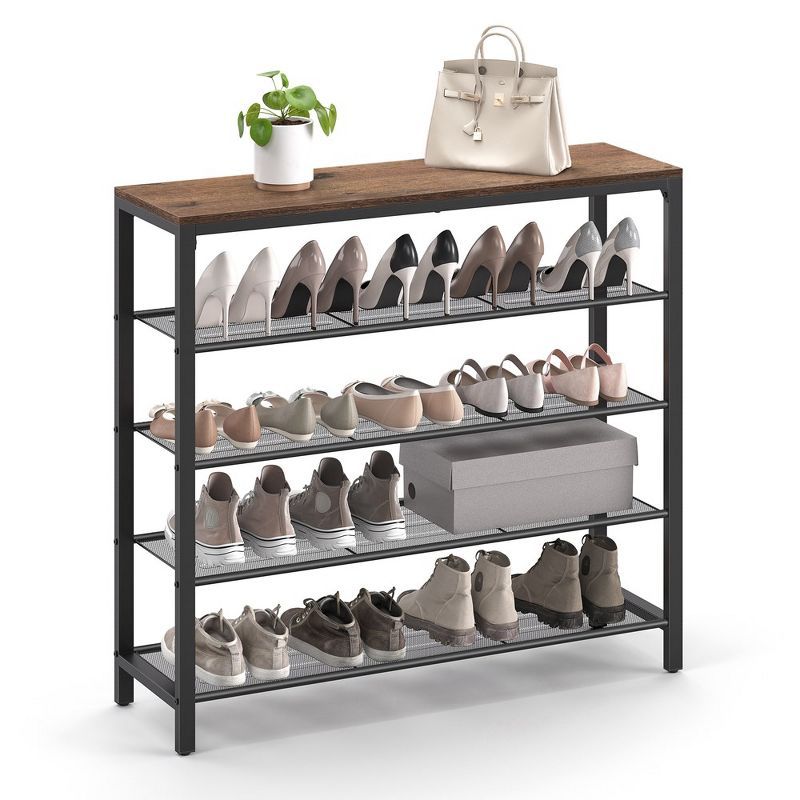 Rustic Brown Industrial 5-Tier Metal Shoe Rack with Mesh Shelves