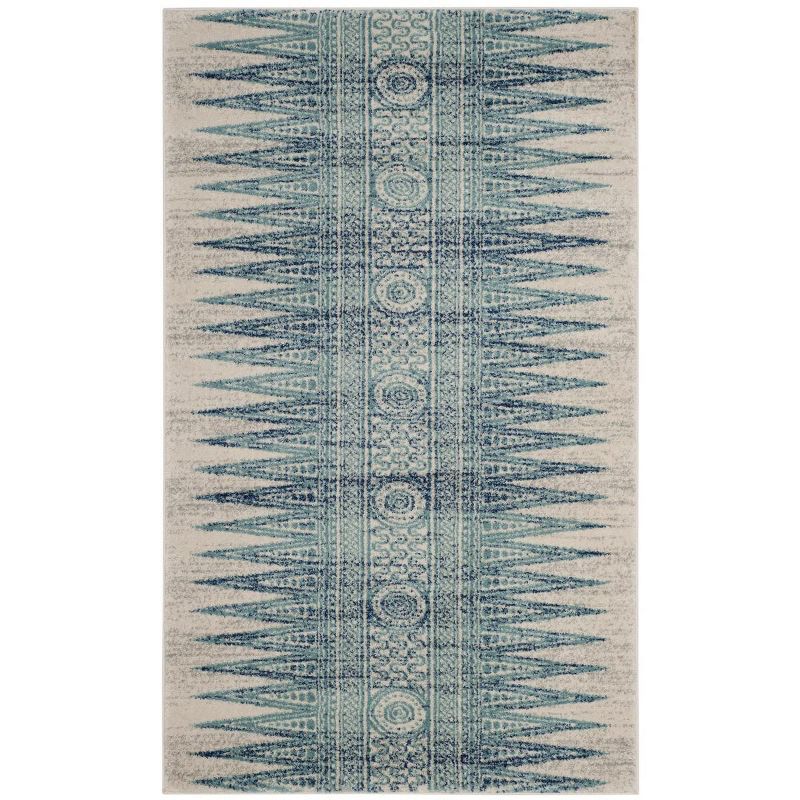 Ivory and Turquoise High Pile Wool Area Rug