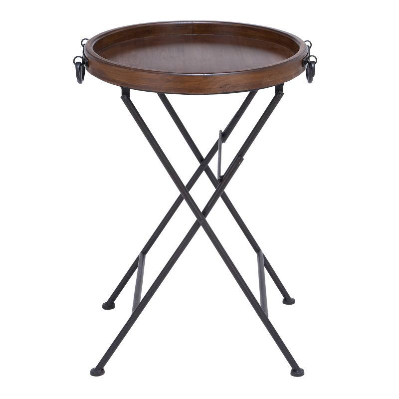 Black Metal Folding Accent Table with Brown Wood Top