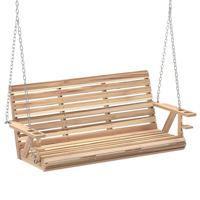 Nature Wood 5 FT 3-Seater Outdoor Porch Swing with Cupholders