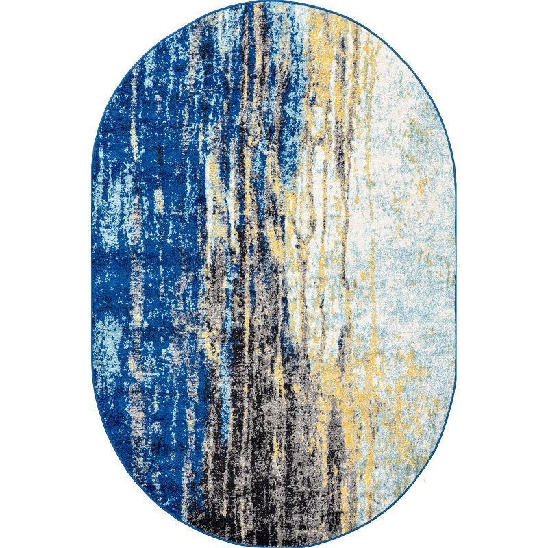 Blue and Yellow Abstract 8' x 10' Oval Synthetic Area Rug