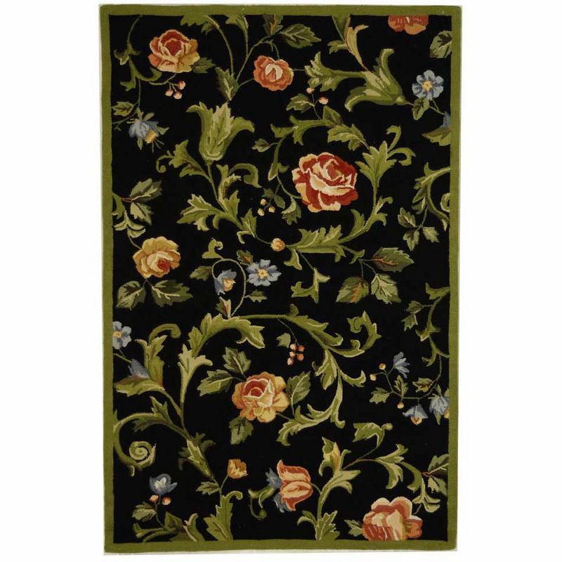 Black Floral Hand-Knotted Wool Area Rug, 3'9" x 5'9"