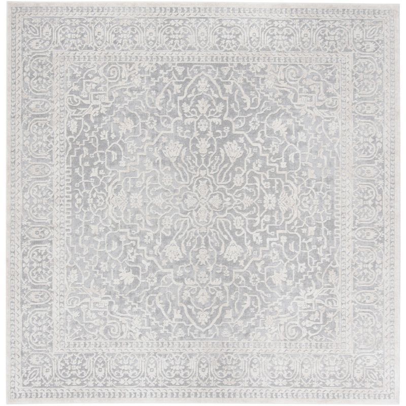 Light Grey and Cream Floral Square Synthetic Area Rug