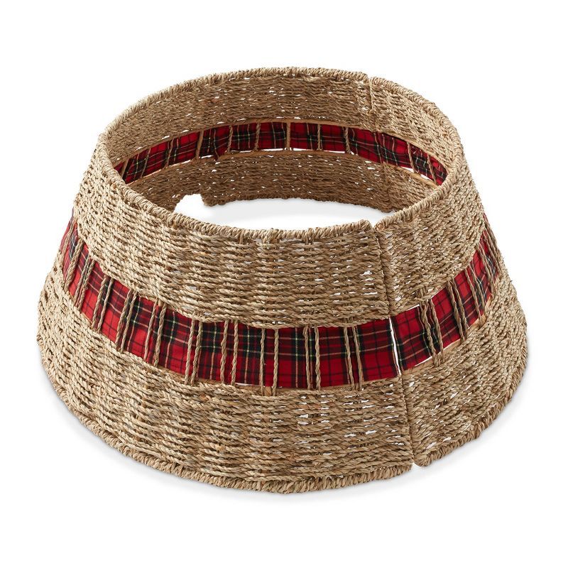 24-Inch Natural Seagrass Woven Christmas Tree Collar with Tartan Plaid Ribbon
