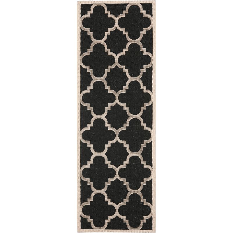 Black Synthetic Flat Woven Outdoor Runner with Trim Embellishment