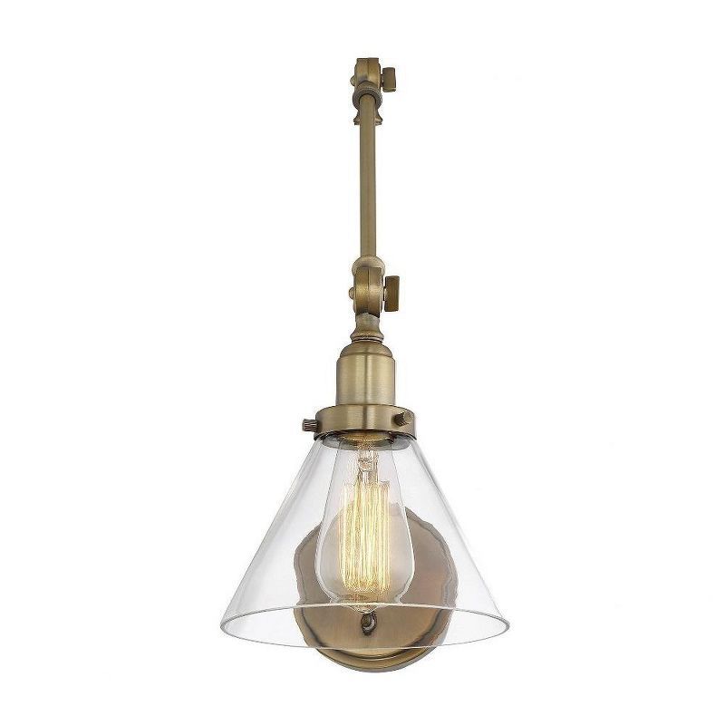 Warm Brass Adjustable Swing Arm Wall Sconce with Clear Glass Shade