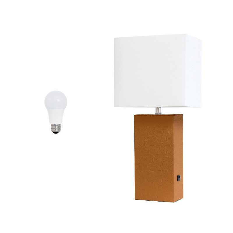 21" Tan Faux Leather Base Modern Nightstand Lamp with USB Port