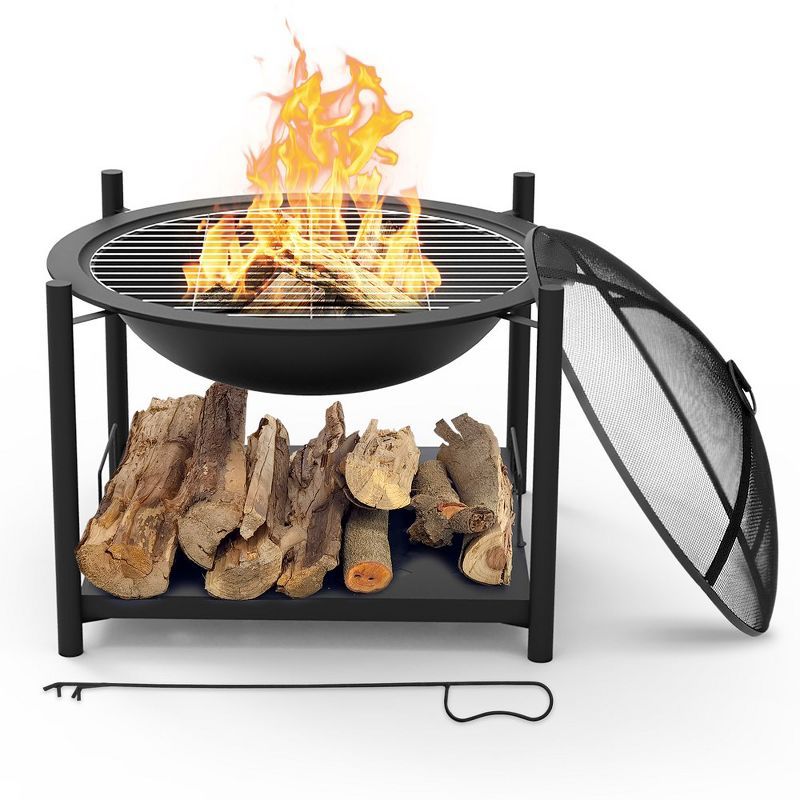 Black Steel 26'' Wood Burning Fire Pit with Grill and Spark Screen