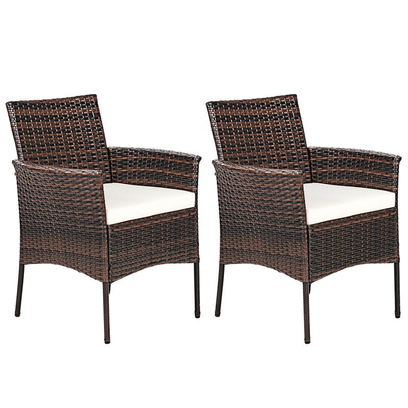 Brown Wicker Outdoor Dining Chairs with Cushions, Set of 2