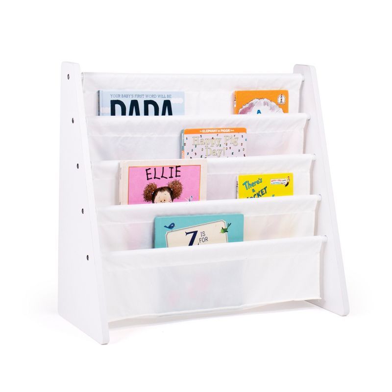 White 4-Tier Kids Book Rack with Fabric Pockets