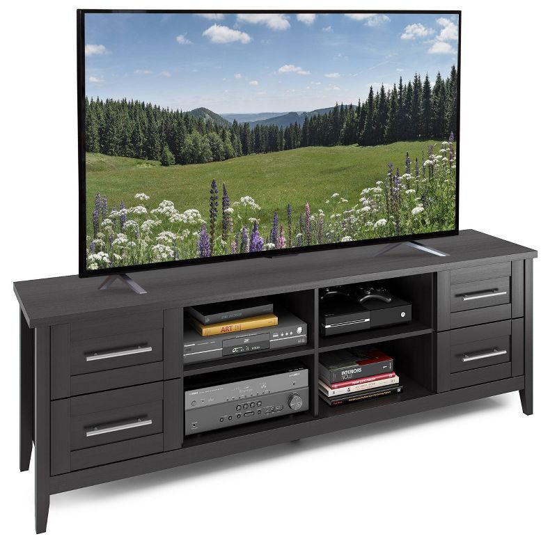 Elegant Black Wood Grain Extra-Wide TV Stand with Nickel Handles