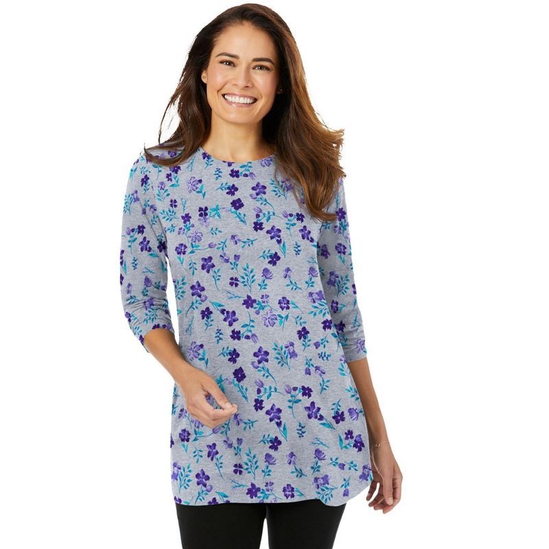 Heather Grey Floral Plus Size Long Sleeve Tunic