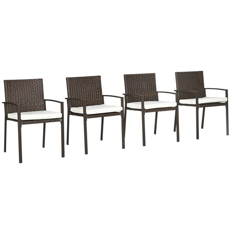 Outsunny 4 Piece Brown Wicker Outdoor Dining Chair Set with Cushions