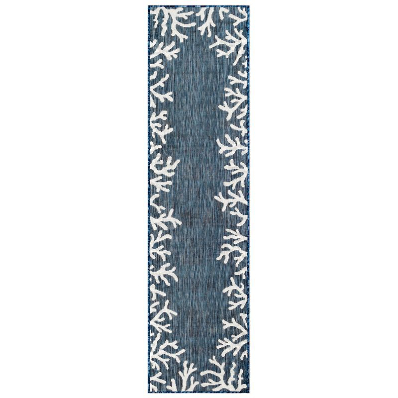 Navy and White Synthetic Coral Border Indoor/Outdoor Rug