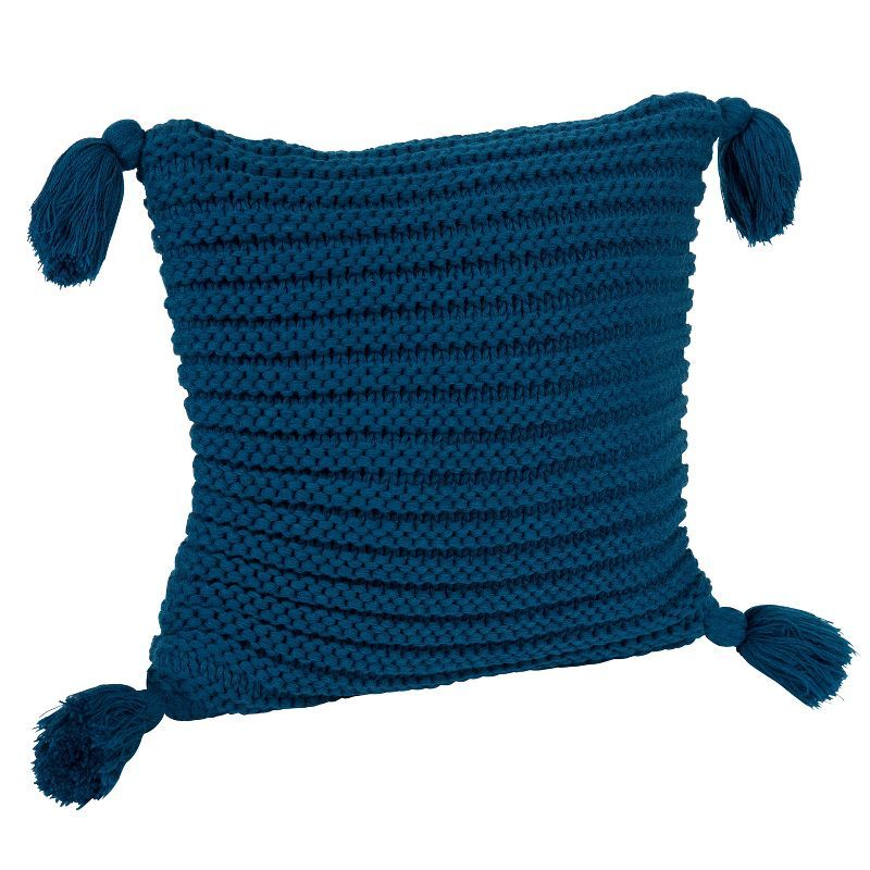 Teal Ribbed Knit Pillow Cover with Tassels, 18x18