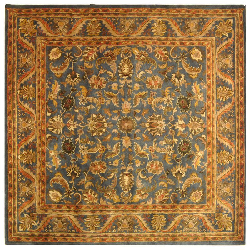 Elegant Blue and Gold Handmade Wool Square Rug, 6' x 6'