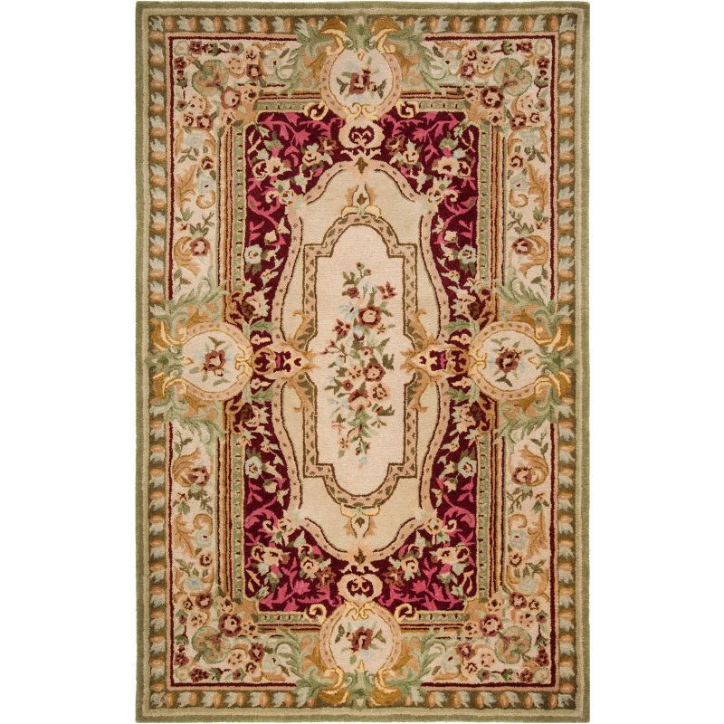 Savonnerie Red and Ivory Handmade Wool Area Rug