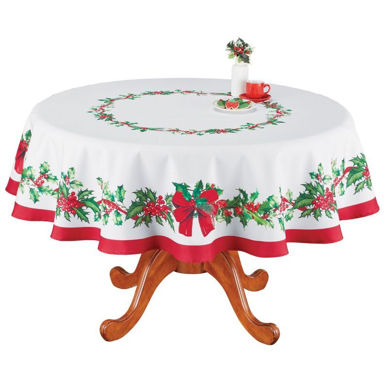 Festive Holly Berry Round Red and White Polyester Tablecloth