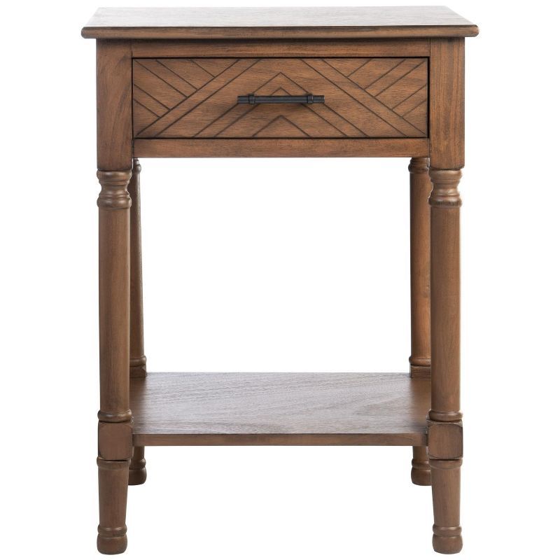 Peyton French Brown Wood Storage End Table with Herringbone Drawer