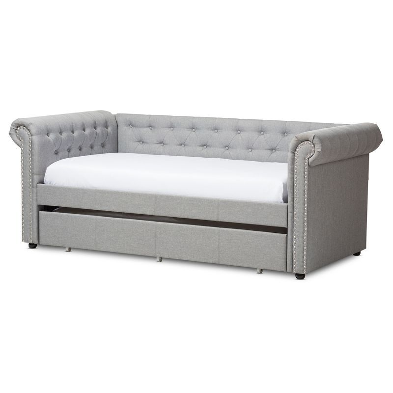 Gray Upholstered Twin Daybed with Trundle and Nailhead Trim