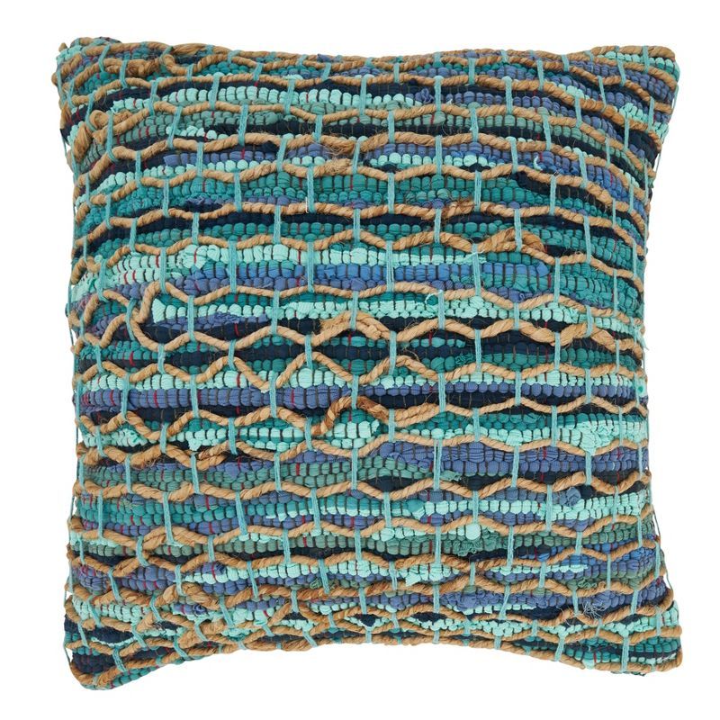 Handwoven Blue and Beige Cotton Jute Down Throw Pillow, 20" x 20"