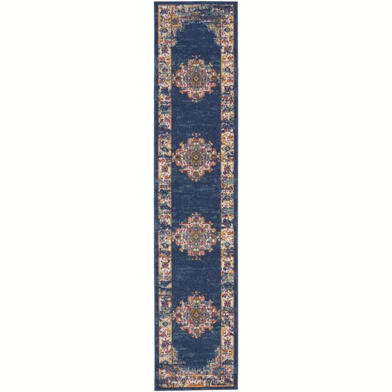 Navy Blue Floral Synthetic Runner Rug 2'2" x 10'