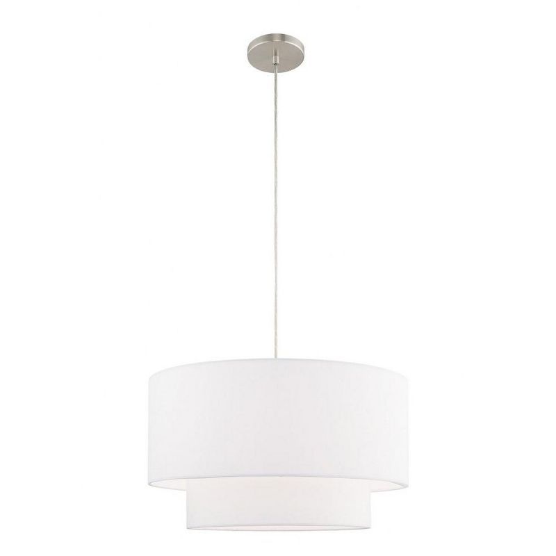 Elegant Brushed Nickel Drum Pendant with Off-White Fabric Shade