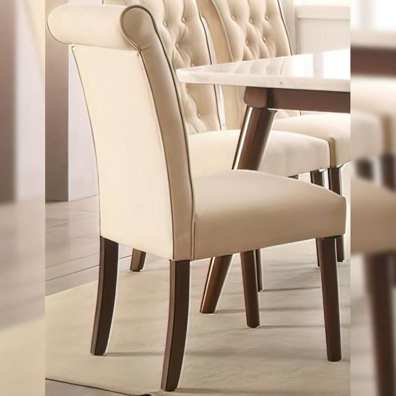 Set of 2 Beige Linen Upholstered Parsons Side Chairs with Walnut Wood Legs