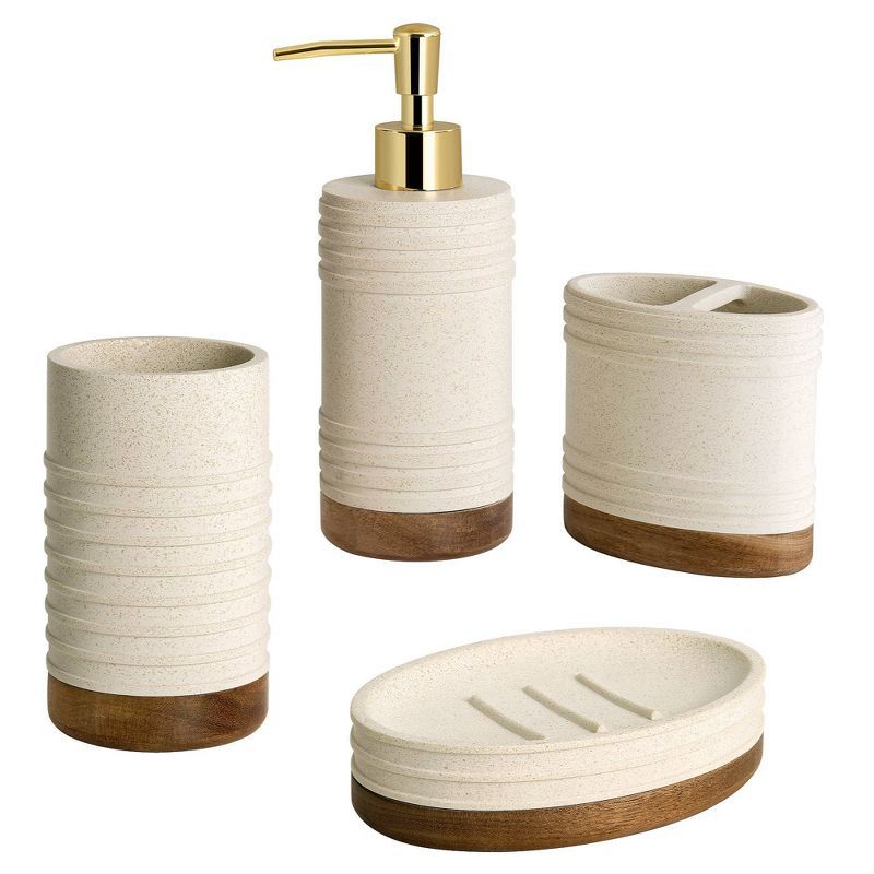 Beige Resin and Wood 4-Piece Bathroom Accessory Set