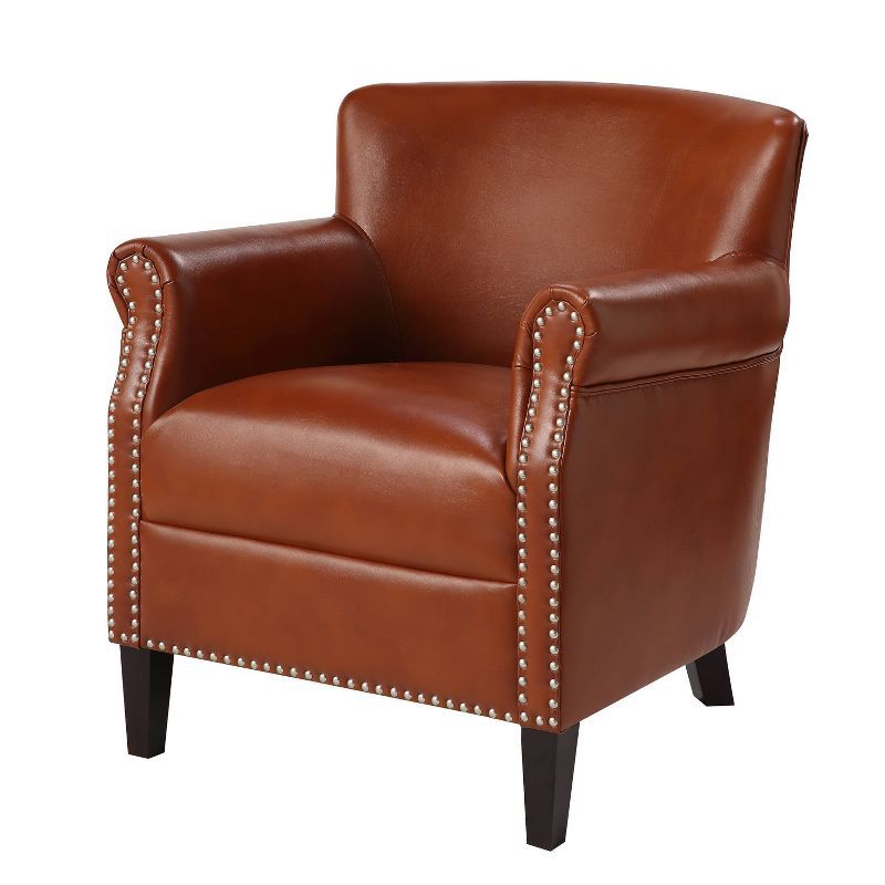 Caramel Leather Club Accent Chair with Wood Frame